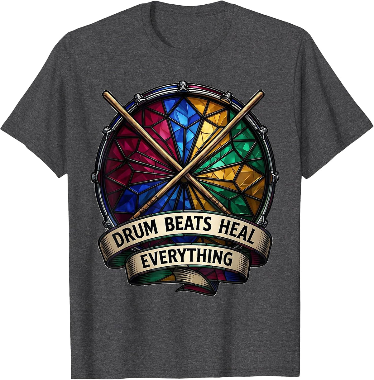 Drum Beats Heal Everything Music Design T-Shirt - Dark Heather Grey