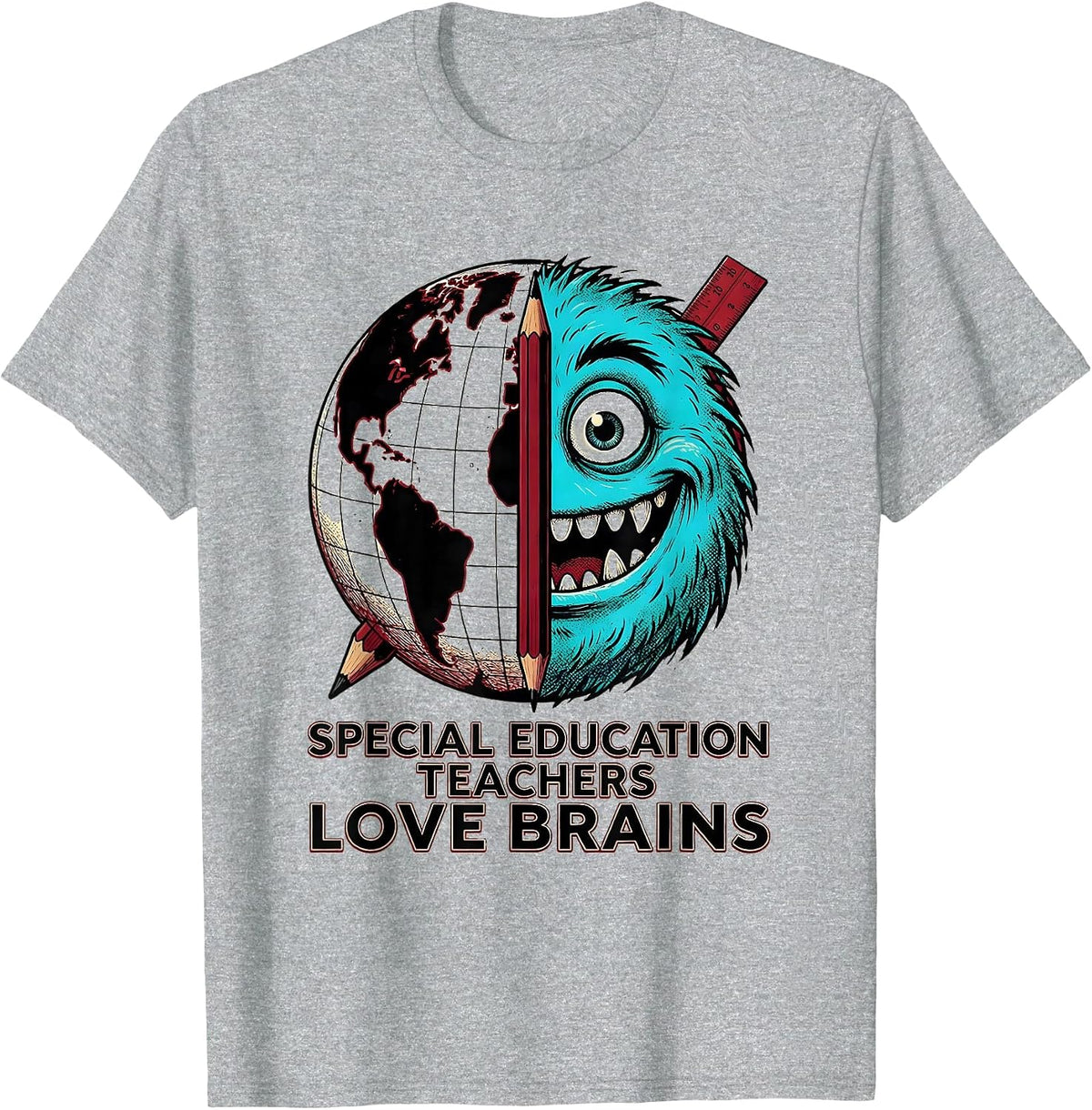 Men's Special Education Teachers Love Brains Wood Type Halloween T-Shirt - Heather Grey