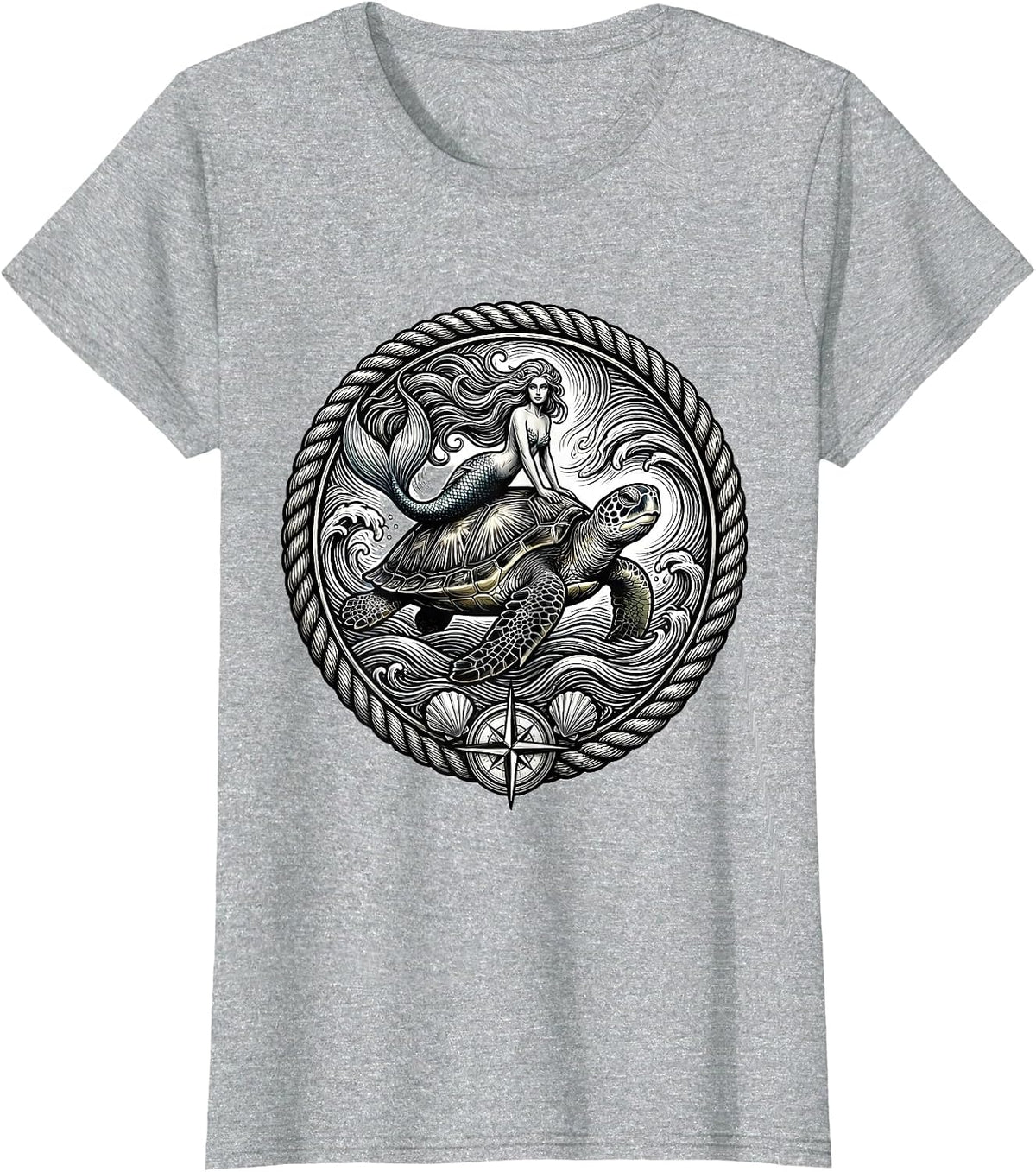 Women's Mermaid Riding Giant Sea Turtle Ocean Waves T-Shirt - Heather Grey