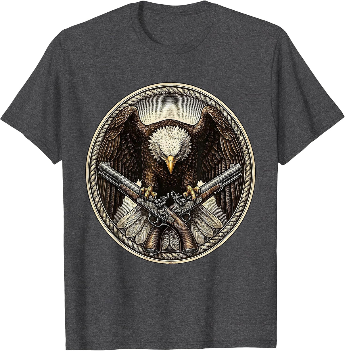 Men's Eagle Clutching Crossed Pistols Patriotic Design T-Shirt - Dark Heather Grey