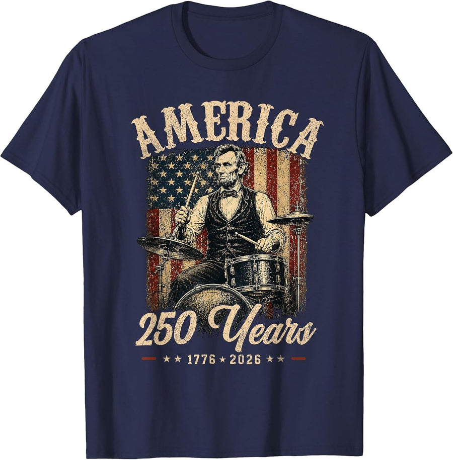 America 250 Years Abraham Lincoln Playing Drums 1776 2026 T-Shirt - Navy Blue
