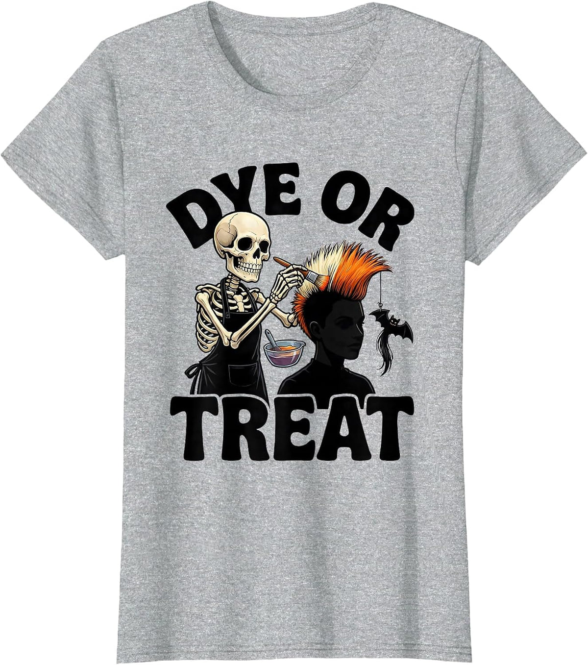 Dye Or Treat Cartoon Skeleton Hairstylist Halloween Barber T-Shirt - Heather Grey