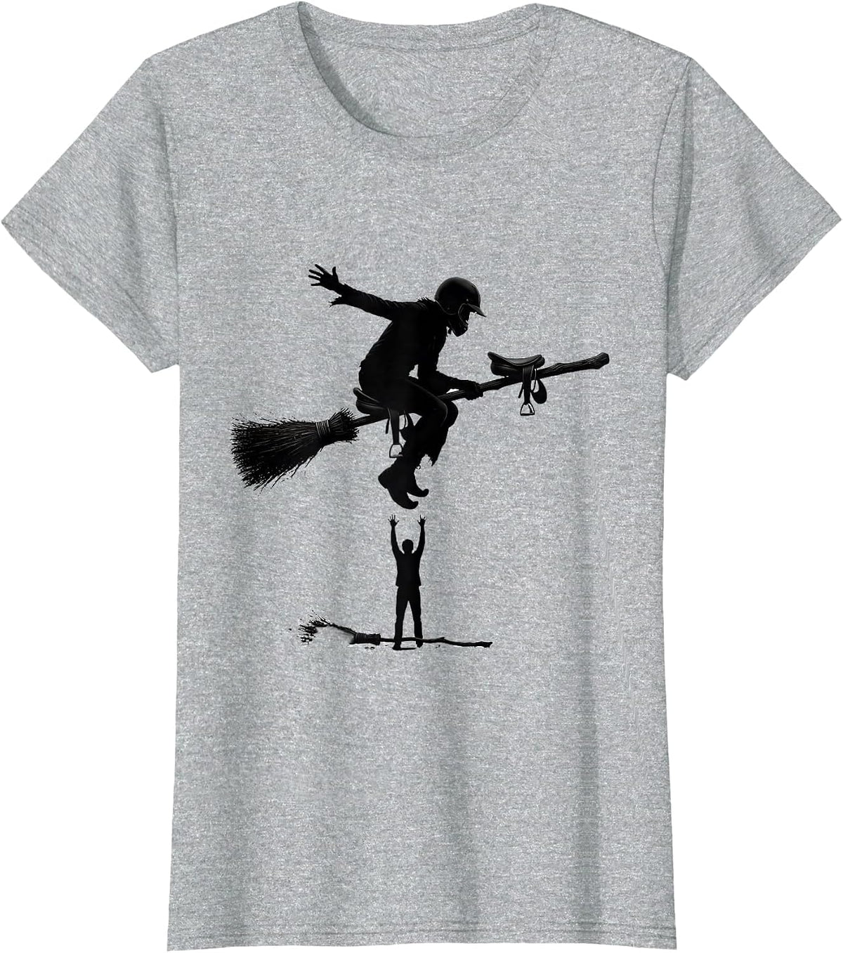 Women's Flying Broom Firefighter Halloween Occupation Humor T-Shirt - Heather Grey
