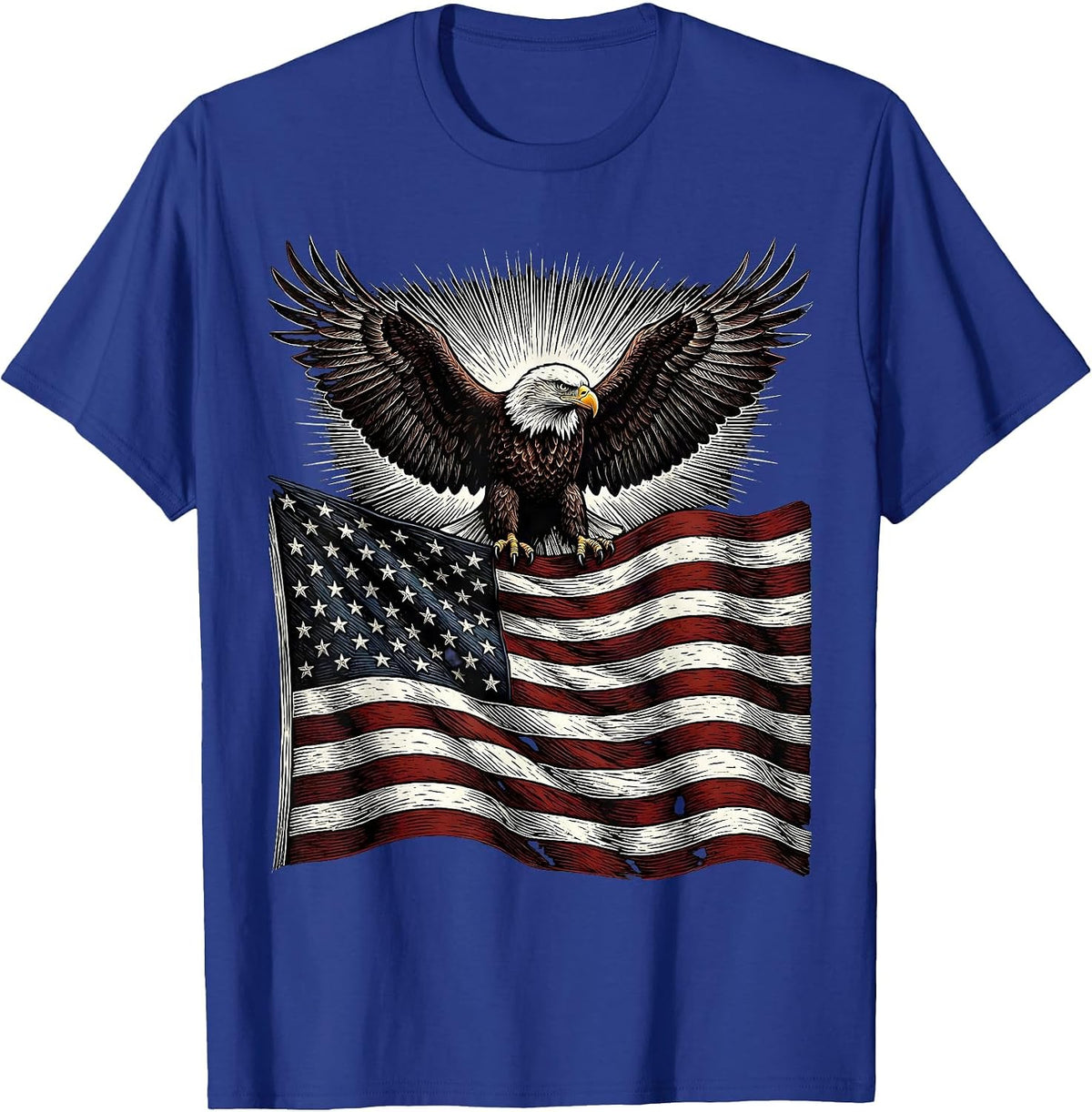Men's Eagle Soaring Over American Flag Patriotic Design T-Shirt - Royal Blue