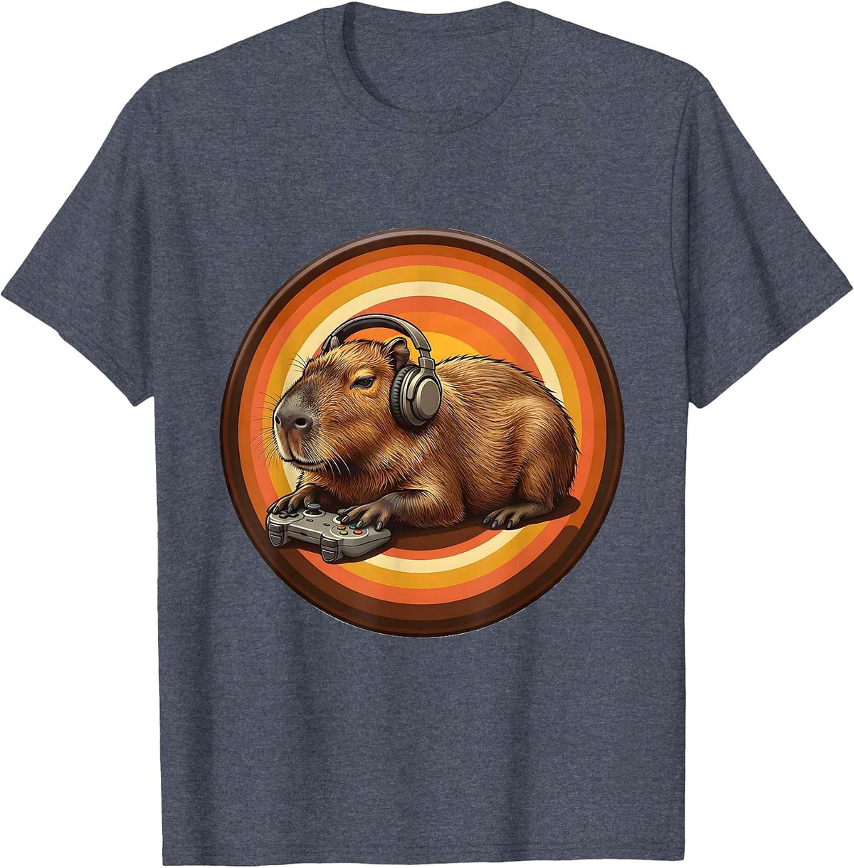 Capybara Gamer Retro 70s Meme Humor T-Shirt - Heather Blue