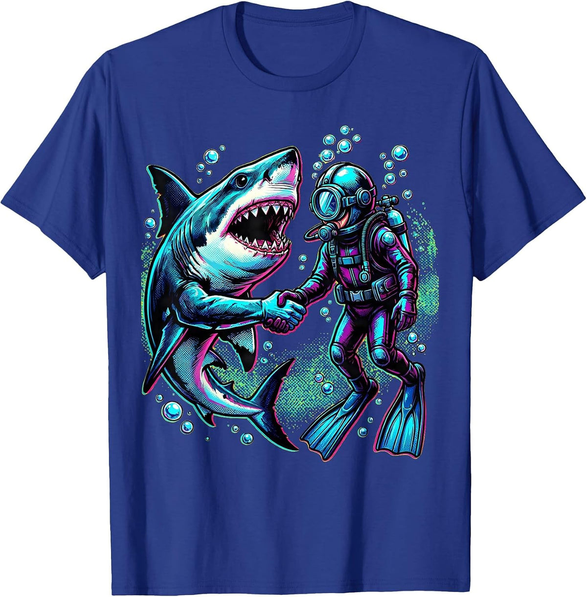 Men's Shark and Diver Holding Hands Underwater Art T-Shirt - Royal Blue