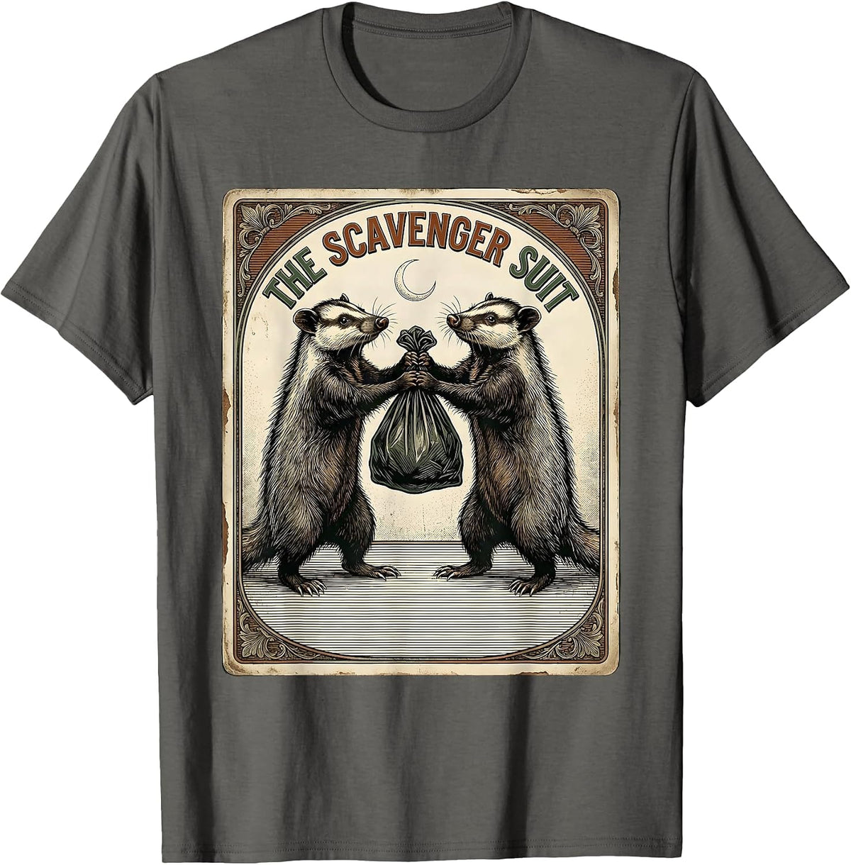 The Scavenger Suit Vintage Occult Tarot Card Opossum Humor T-Shirt - Asphalt Grey