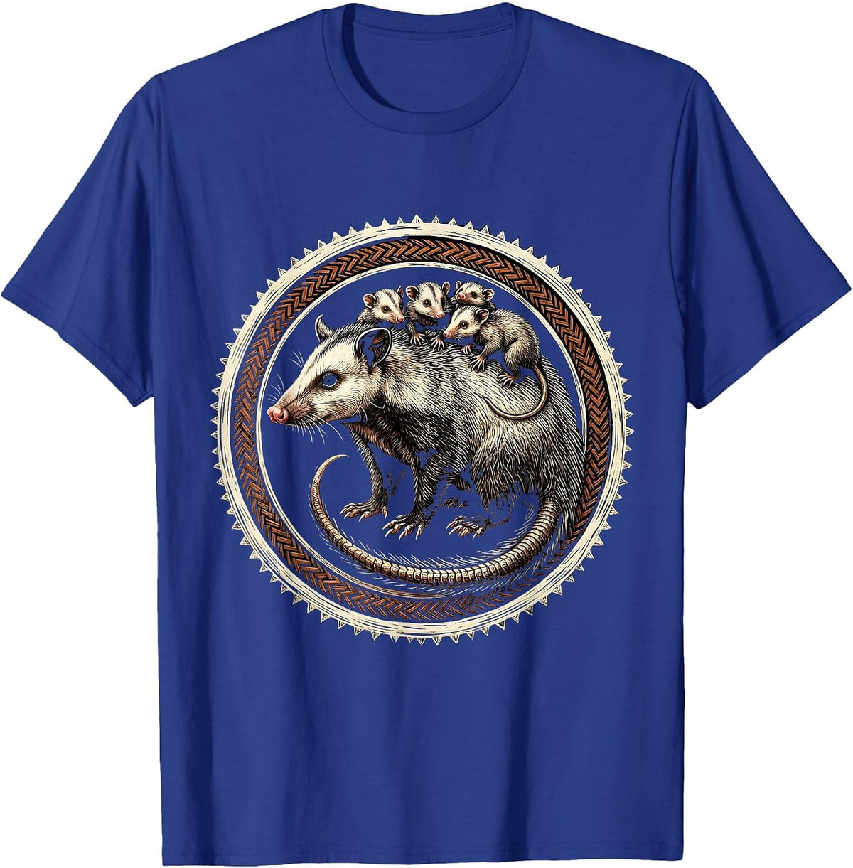 Opossum Mother and Babies Wildlife Illustration T-Shirt - Royal Blue