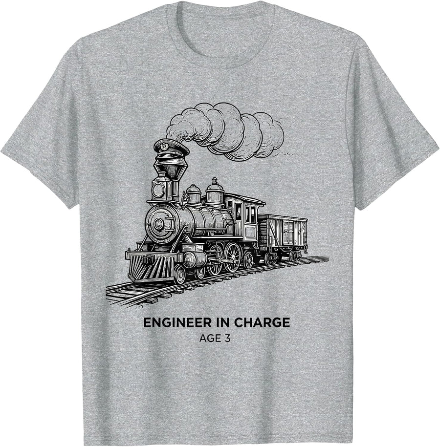 Engineer In Charge Age 3 Kids Construction Train Birthday T-Shirt, Men, Heather Grey, XX-Large - As Pictured