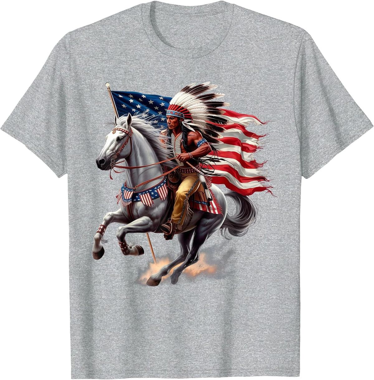 Native American Day US Flag Indian Riding Horse 4th of July T-Shirt - Heather Grey