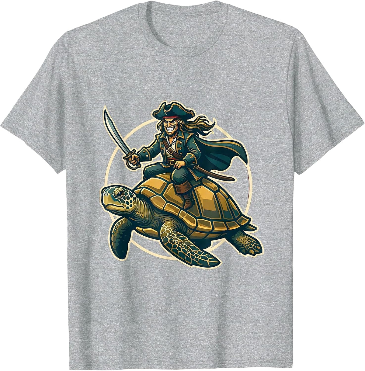 Men's Pirate Riding Giant Sea Turtle Ocean Adventure T-Shirt - Heather Grey