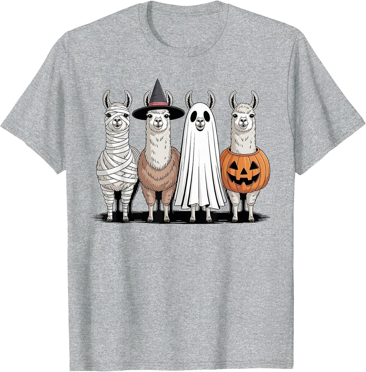 Spooky Ghost Llama Pumpkin Halloween Skeleton T-Shirt - Heather Grey