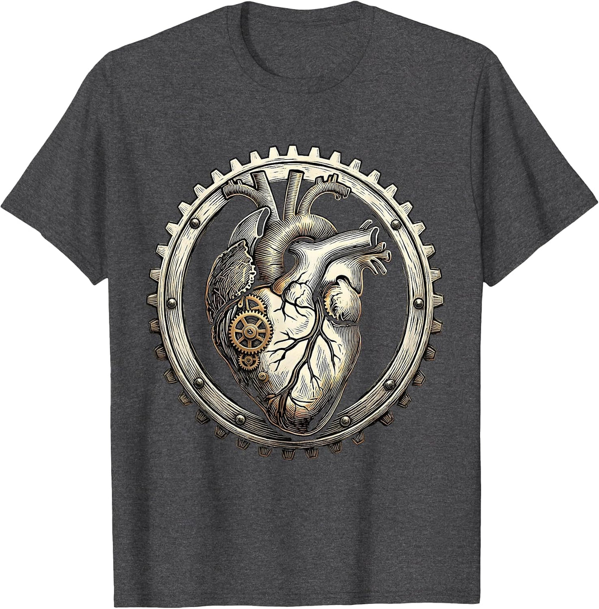 Steampunk Clockwork Heart Exposed Gears Design T-Shirt - Dark Heather Grey