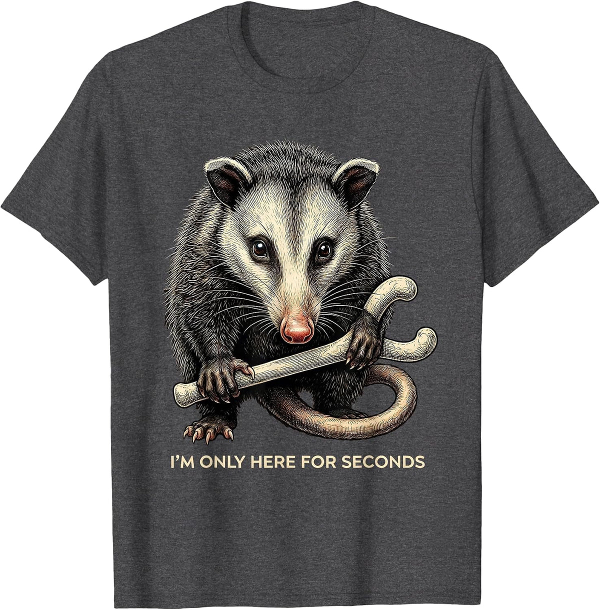 Men's I'm Only Here For Seconds Funny Opossum Thanksgiving T-Shirt - Dark Heather Grey