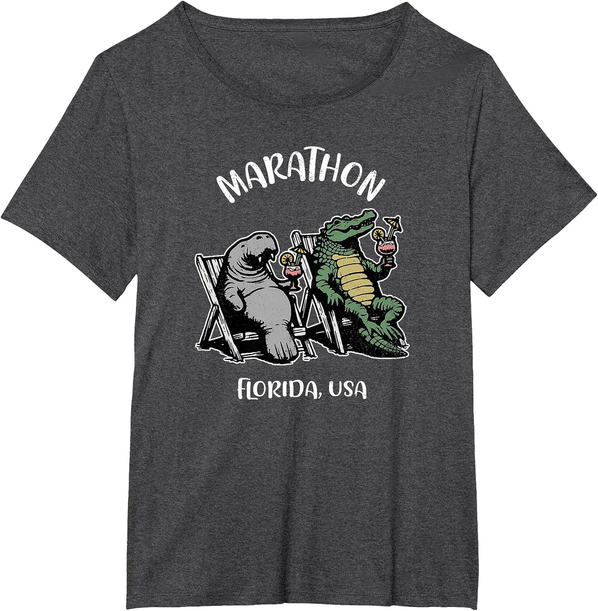 Marathon Florida USA Funny Manatee and Alligator Design T-Shirt - Dark Heather Grey