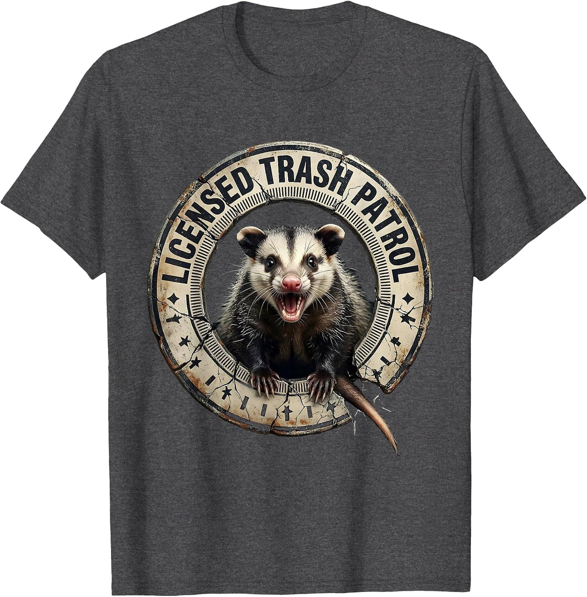 Licensed Trash Patrol Distressed Funny Opossum Meme T-Shirt - Dark Heather Grey