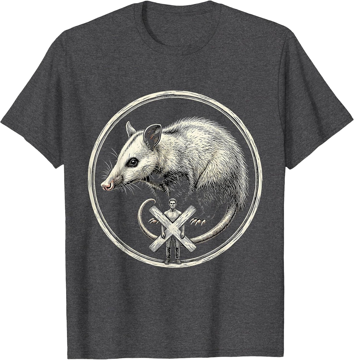 Sealed Opossum Badge Woodcut Engraving Animal Humor T-Shirt - Dark Heather Grey