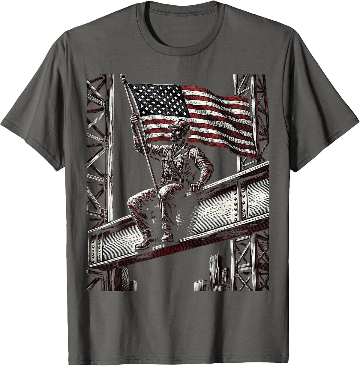 American Flag Construction Worker Steel Beam T-Shirt - Asphalt Grey
