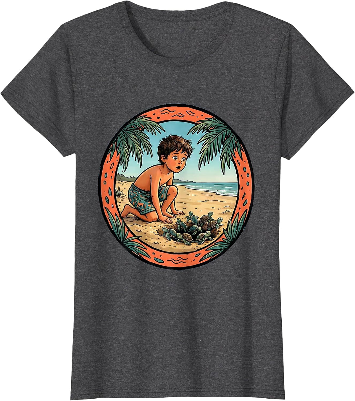 Women's Kids Sea Turtle Hatchling Beach Scene Graphic T-Shirt - Dark Heather Grey