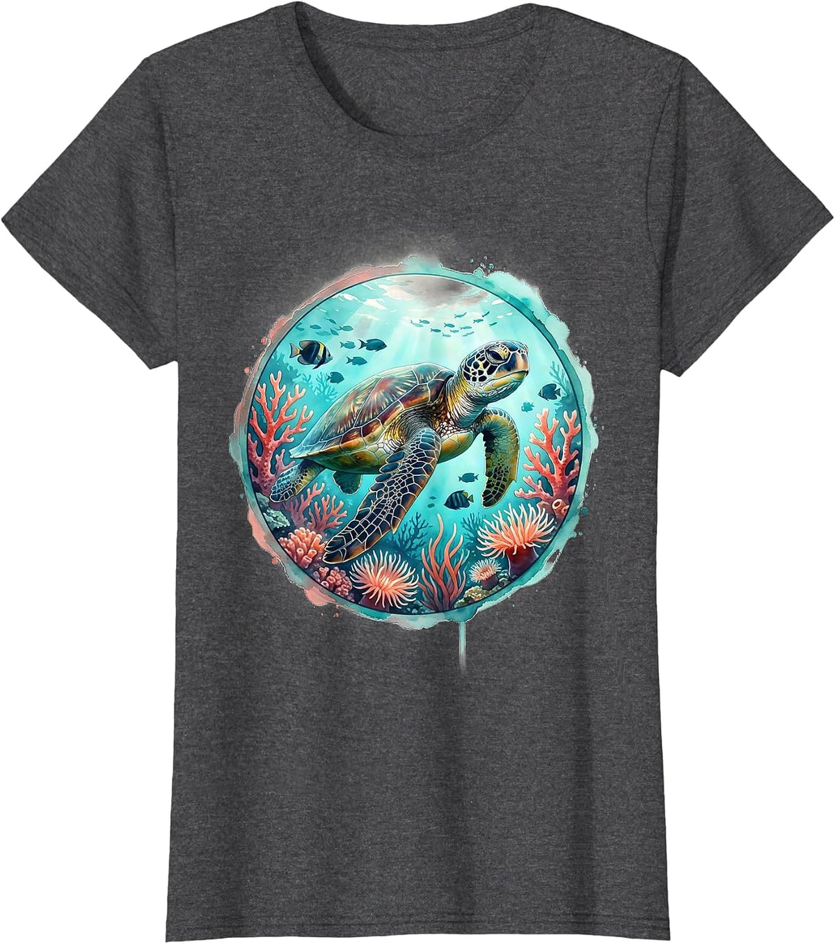 Women's Hawaiian Sea Turtle Coral Reef Graphic Tee T-Shirt - Dark Heather Grey