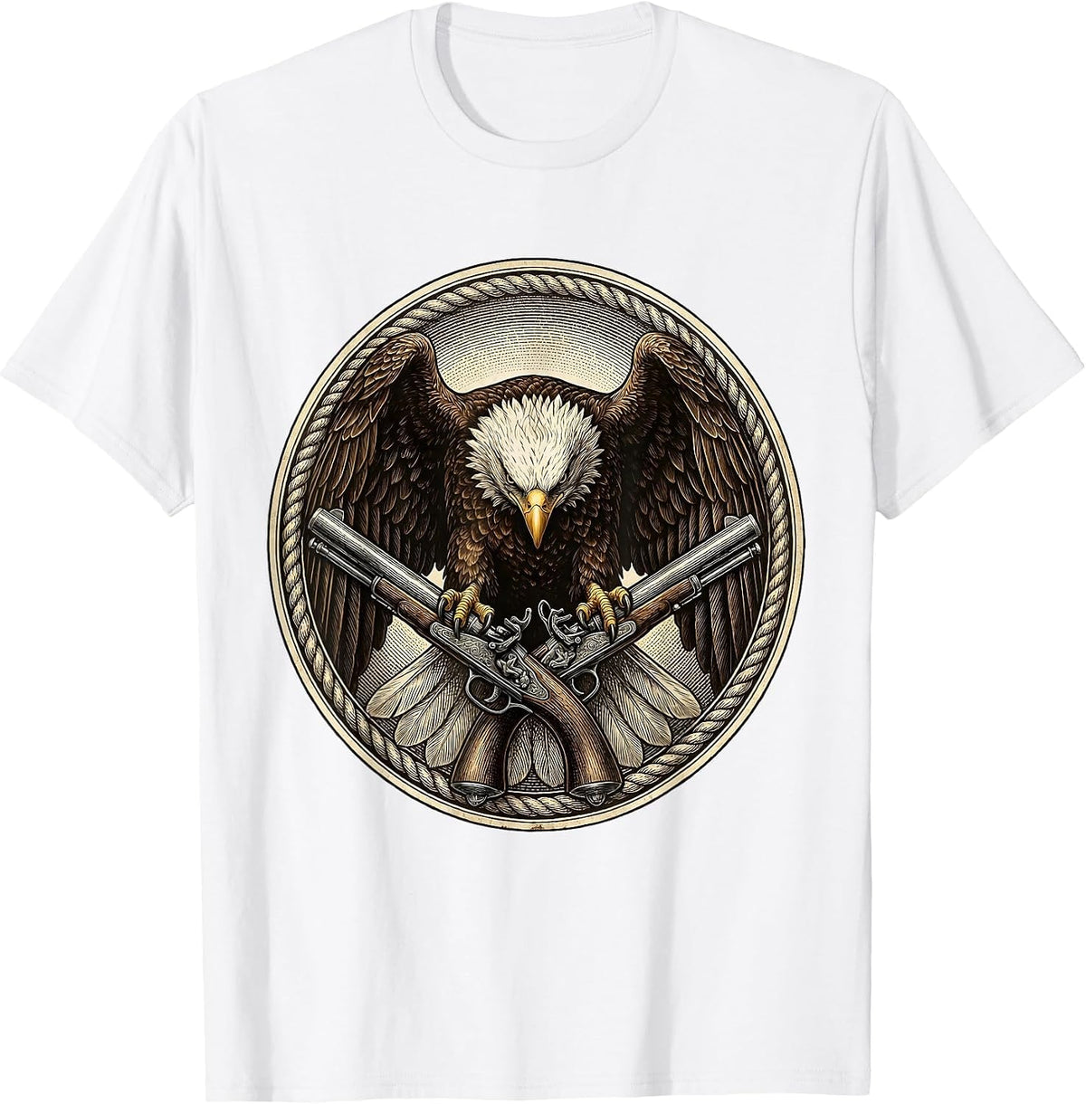 Men's Eagle Clutching Crossed Pistols Patriotic Design T-Shirt - White