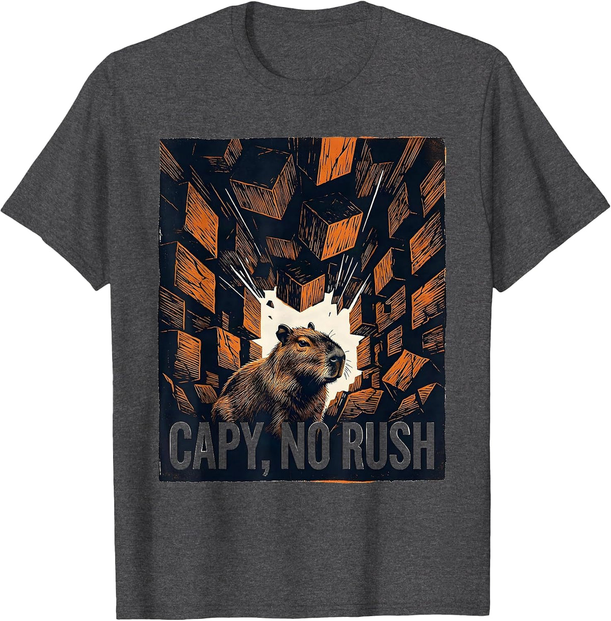 Men's capy no rush Linocut Funny Capybara Animal Meme Humor T-Shirt - Dark Heather Grey