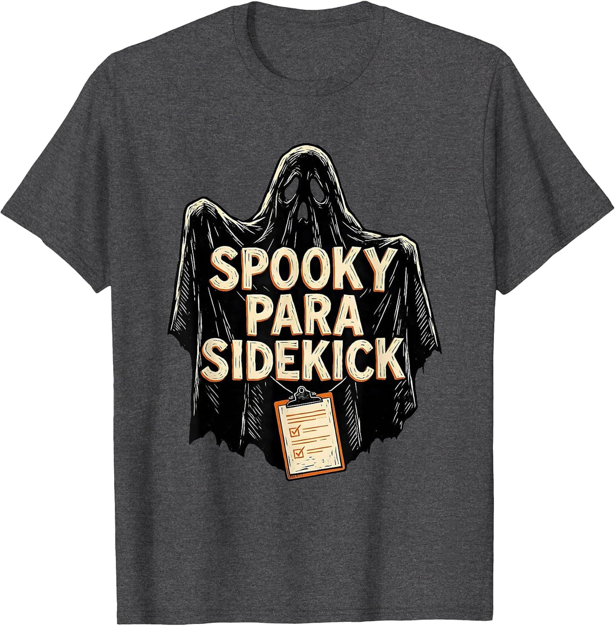 Men's Spooky Para Sidekick Linocut Teacher Aide Halloween Party T-Shirt - Dark Heather Grey