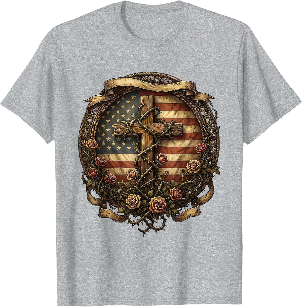Men's Cross Wrapped in Thorny Rose Vines Graphic T-Shirt - Heather Grey
