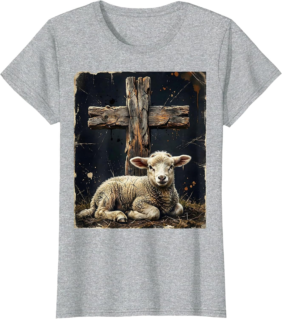 Lamb Resting Beneath the Cross Christian Design T-Shirt - Heather Grey