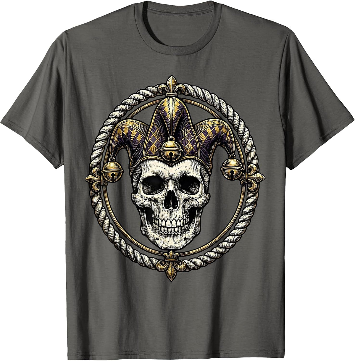 Mardi Gras Jester Skull Three-Pointed Hat T-Shirt - Asphalt Grey