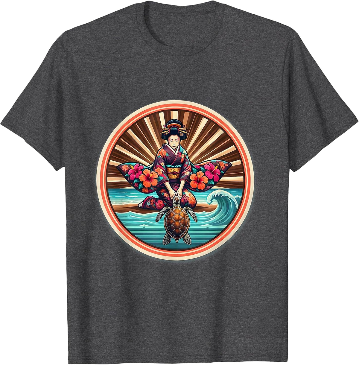 Floral Kimono Sea Turtle Release Aloha Design T-Shirt - Dark Heather Grey