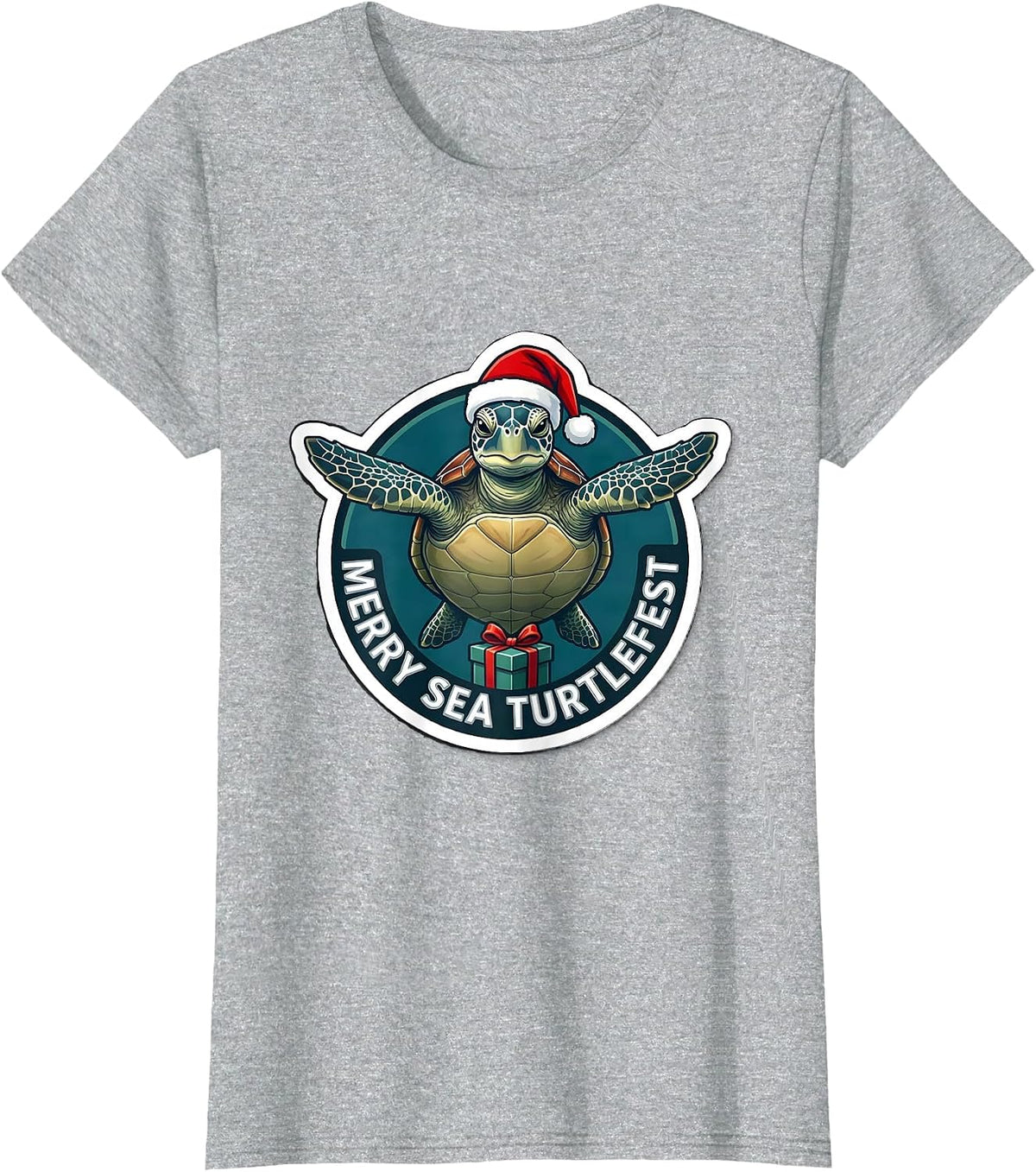 Women's Merry Sea Turtlefest Cute Sea Turtle Christmas Santa Hat T-Shirt - Heather Grey