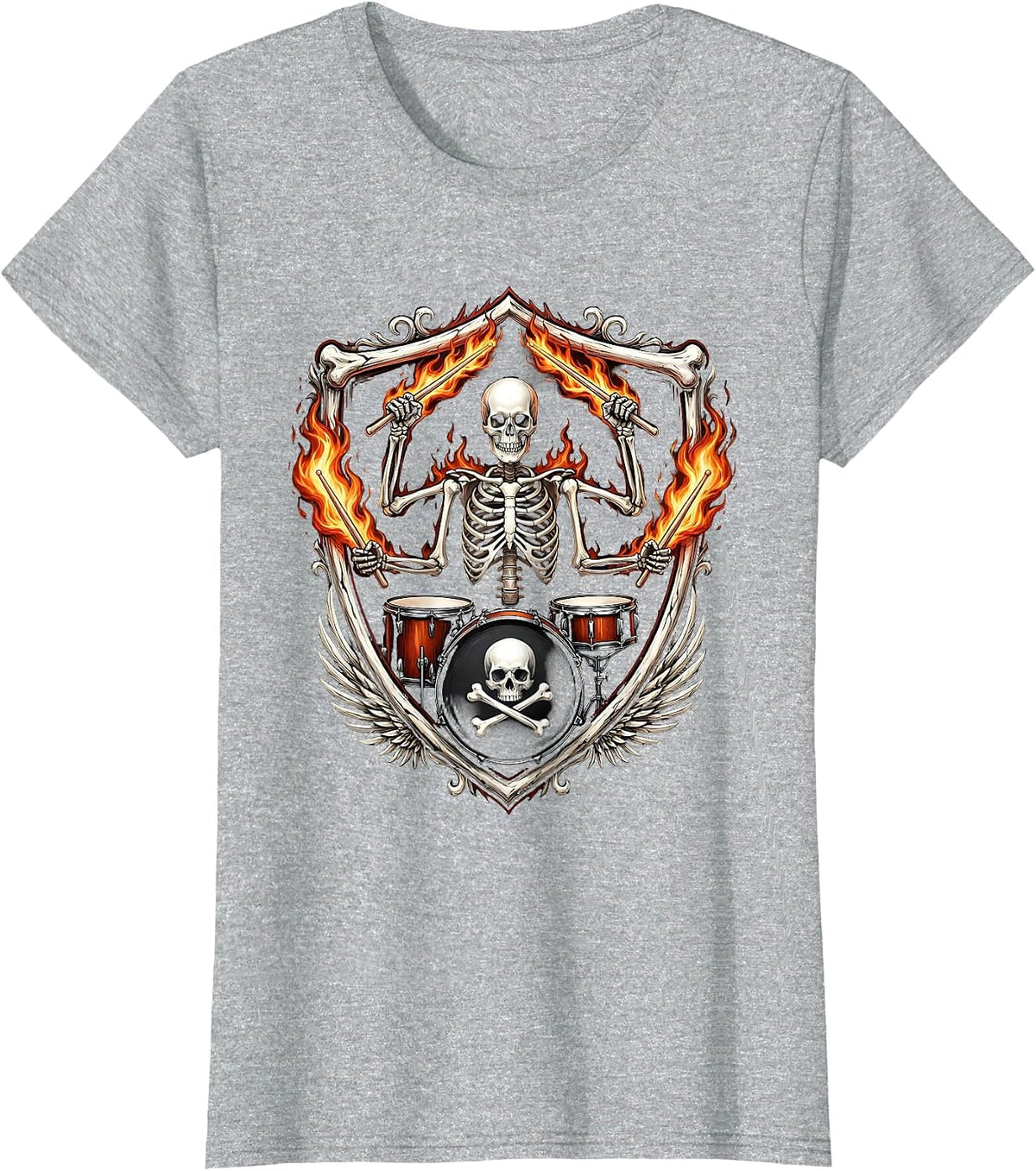 Women's Skeleton Drummer Flaming Drumsticks Metal Band Graphic T-Shirt - Heather Grey