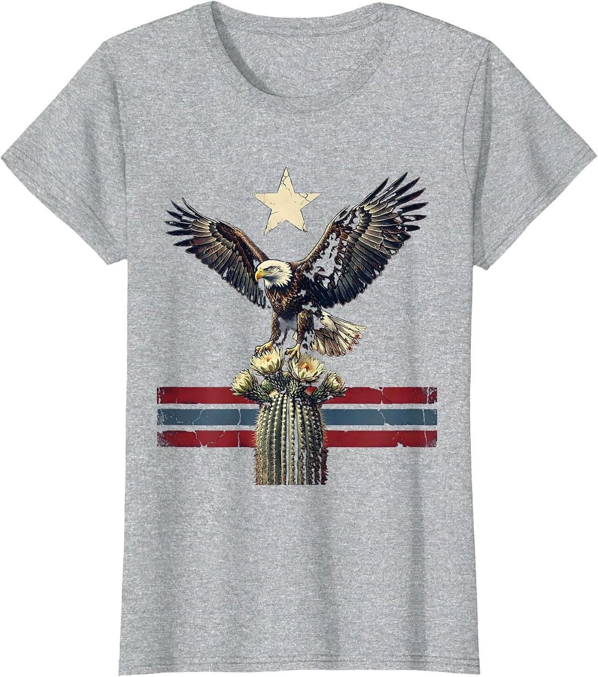 Eagle Perched on Flowering Cactus Patriotic Design T-Shirt - Heather Grey