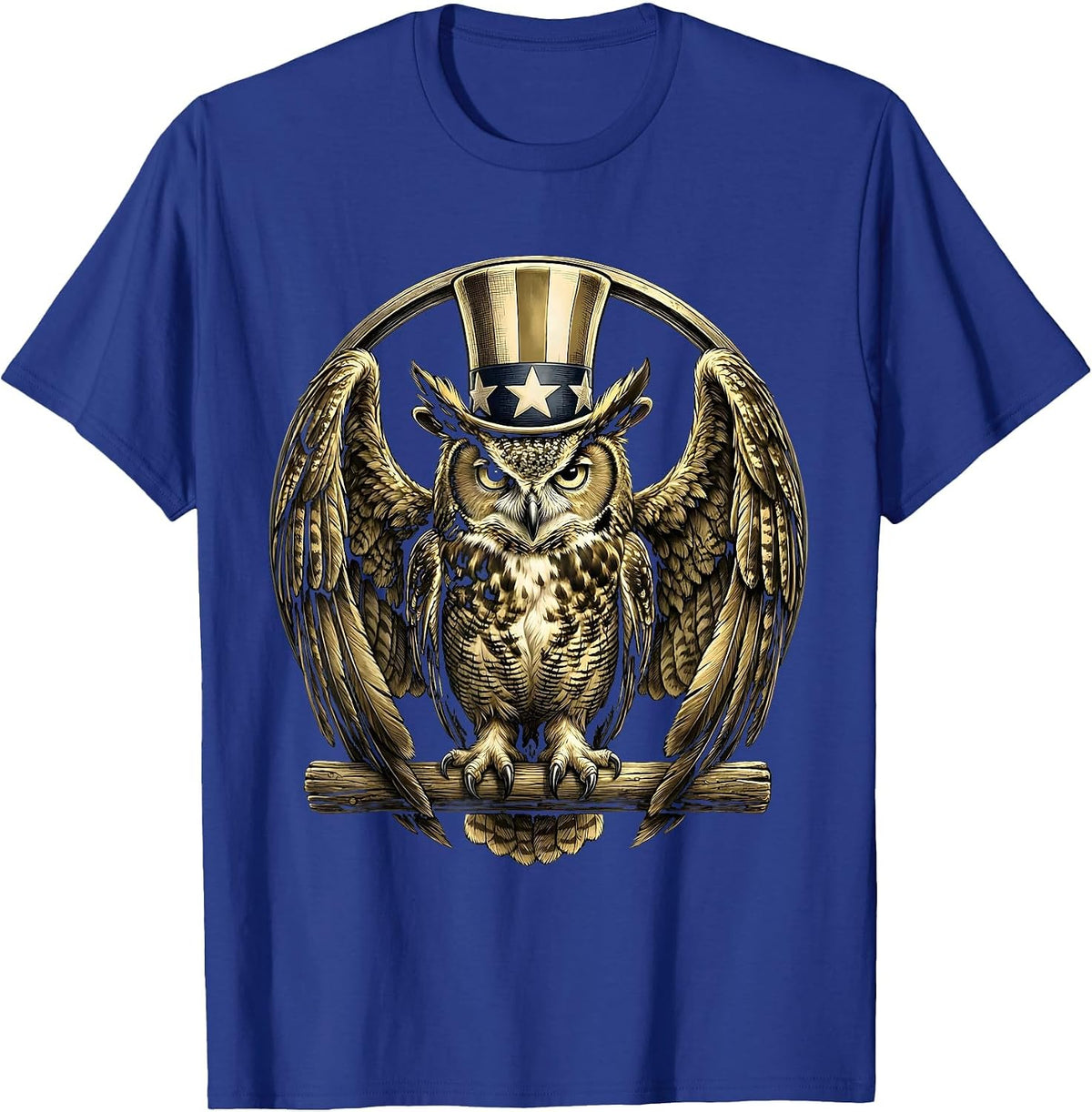 Men's Great Horned Owl Wings Spread USA Wildlife Art T-Shirt - Royal Blue