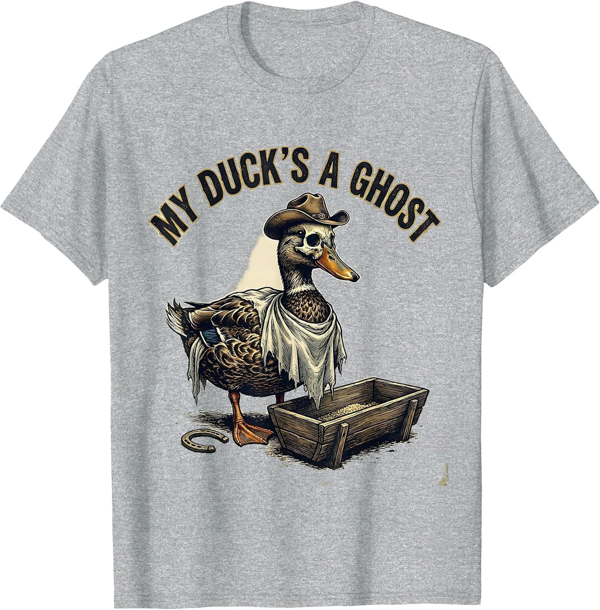 Men's My Duck's a Ghost Vintage Western Halloween Ghost Skeleton T-Shirt - Heather Grey