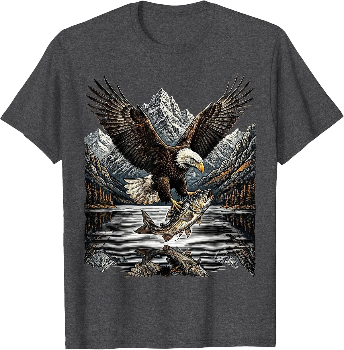 Eagle Clutching Fish Over Mountain Lake T-Shirt - Dark Heather Grey