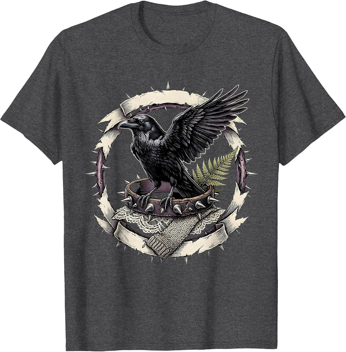 Men's Raven on Spiked Bracelet Punk Gothic Art T-Shirt - Dark Heather Grey