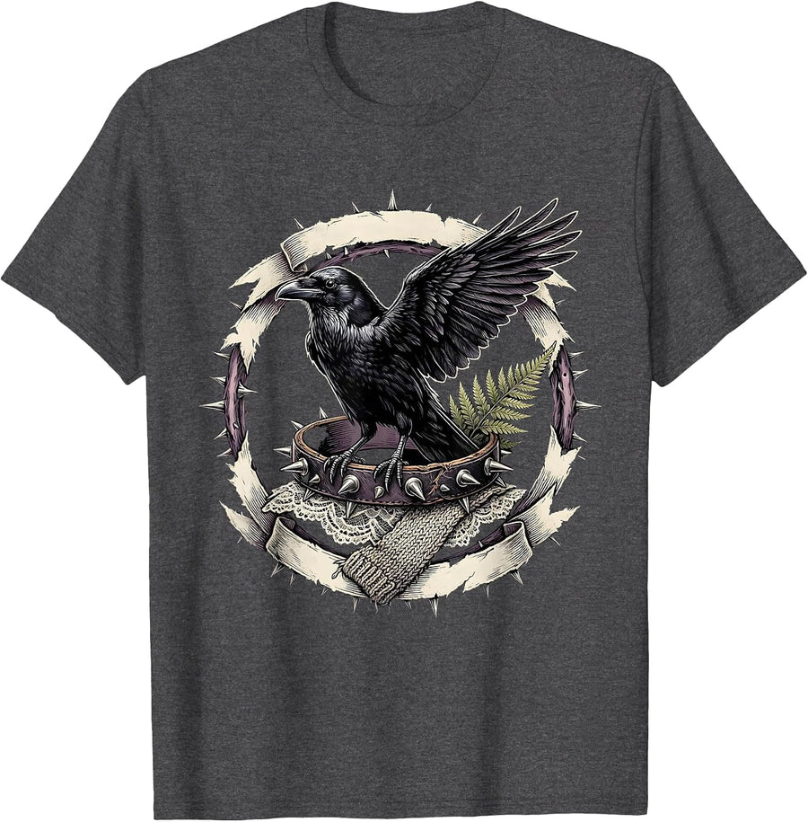 Men's Raven on Spiked Bracelet Punk Gothic Art T-Shirt - Dark Heather Grey