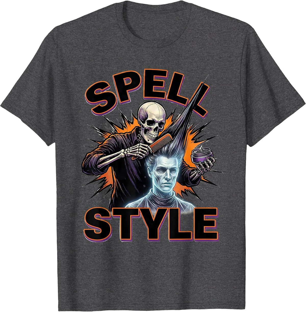 Spell Style Comic Book Skeleton Hairstylist Halloween Humor T-Shirt - Dark Heather Grey