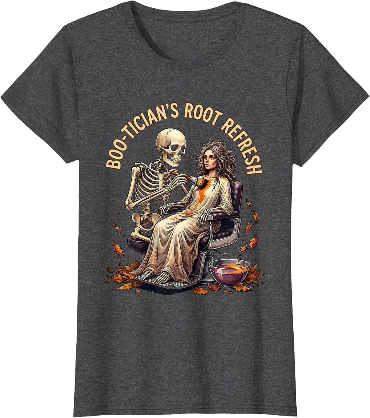 Women's Boo-tician's Root Refresh Funny Skeleton Hairdresser T-Shirt - Dark Heather Grey