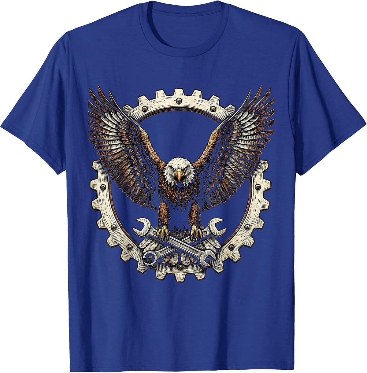 Mechanic Eagle Patch Jacket Back Graphic Tee T-Shirt - Royal Blue