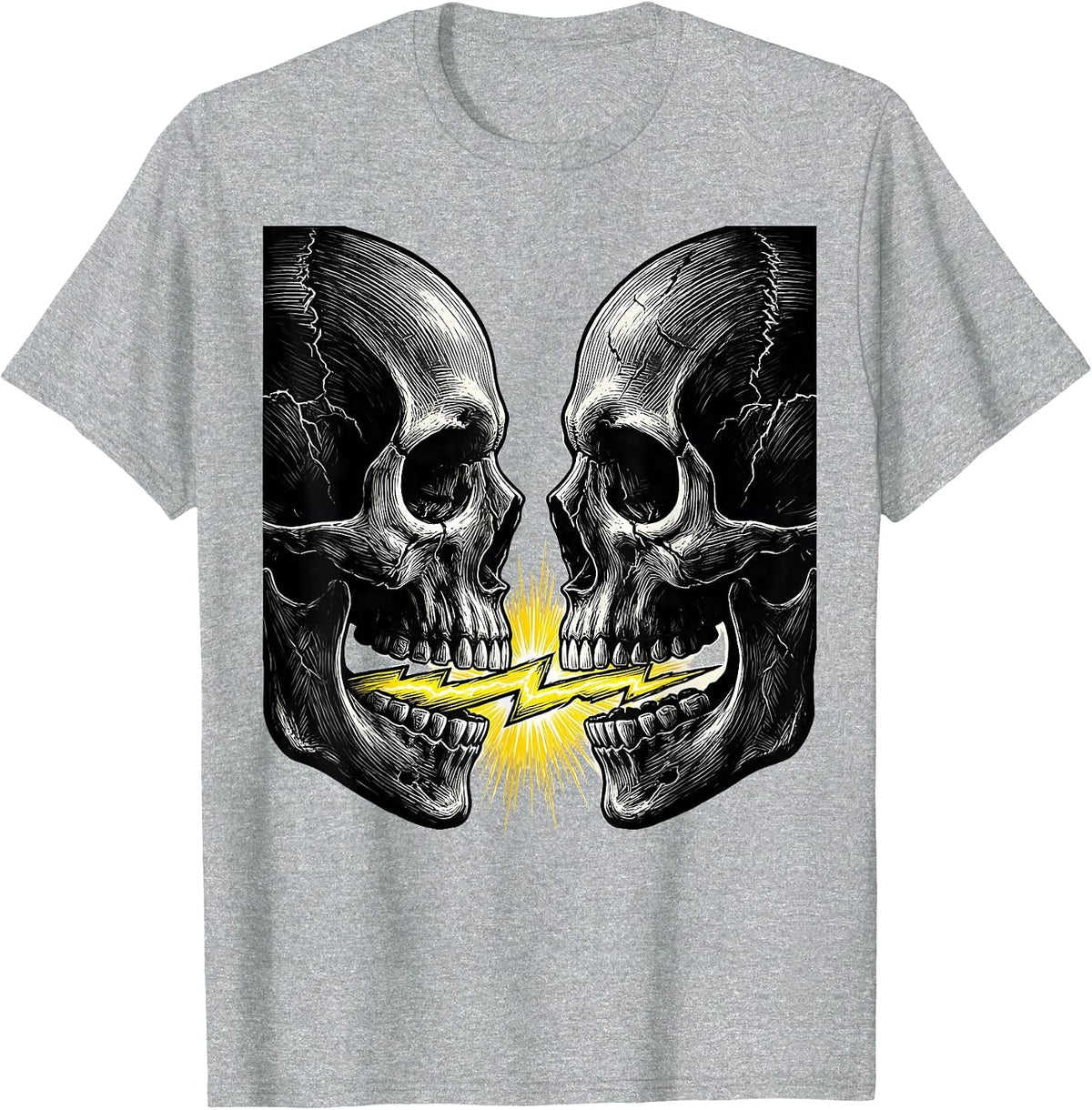 Men's Dual Skulls Lightning Strike Graphic Design T-Shirt - Heather Grey