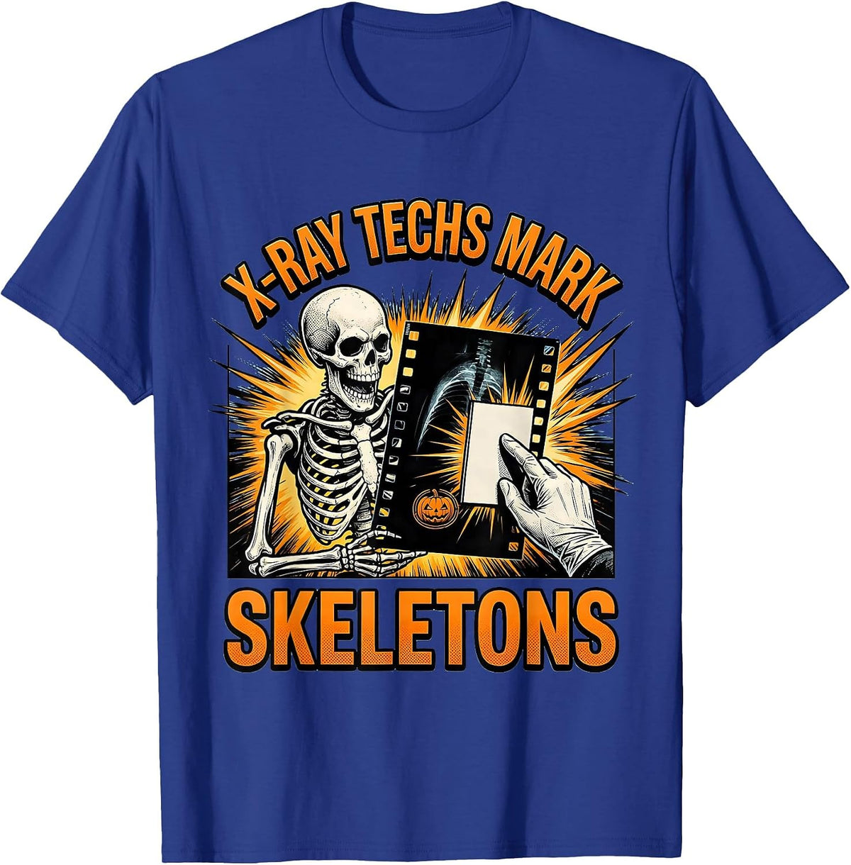 X-Ray Techs Mark Skeletons Comic Book Radiology Halloween T-Shirt - Royal Blue