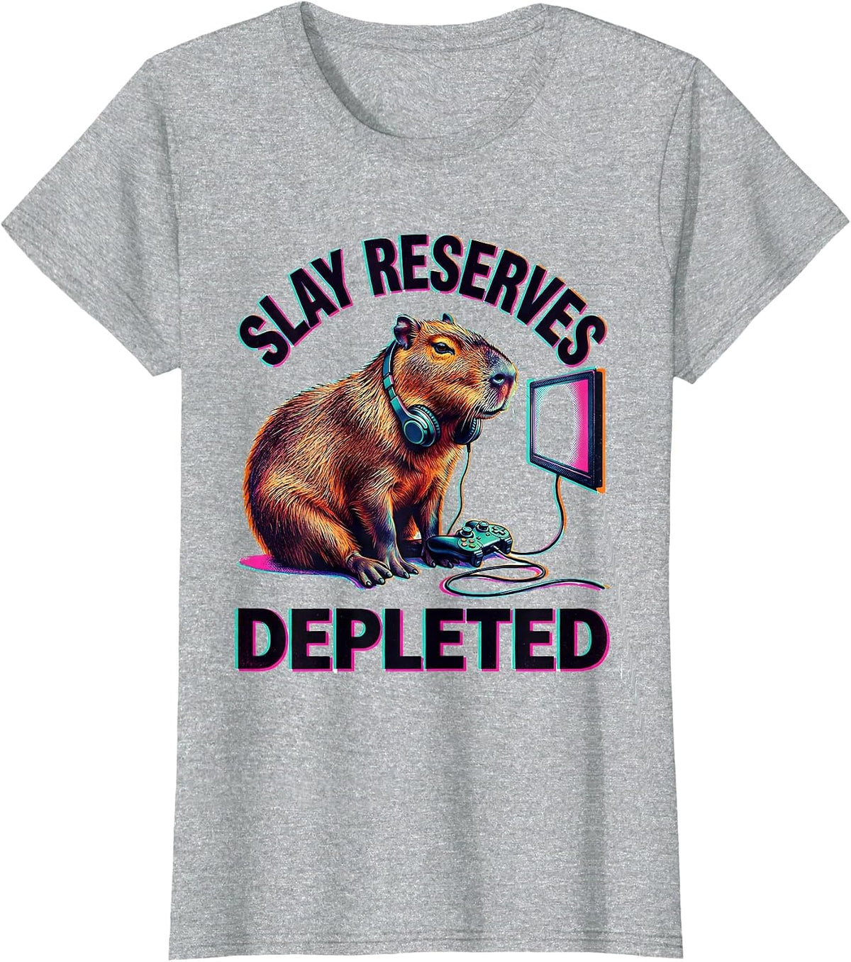 Women's Slay Reserves Depleted Funny Capybara Gamer Bruh Meme Humor T-Shirt - Heather Grey