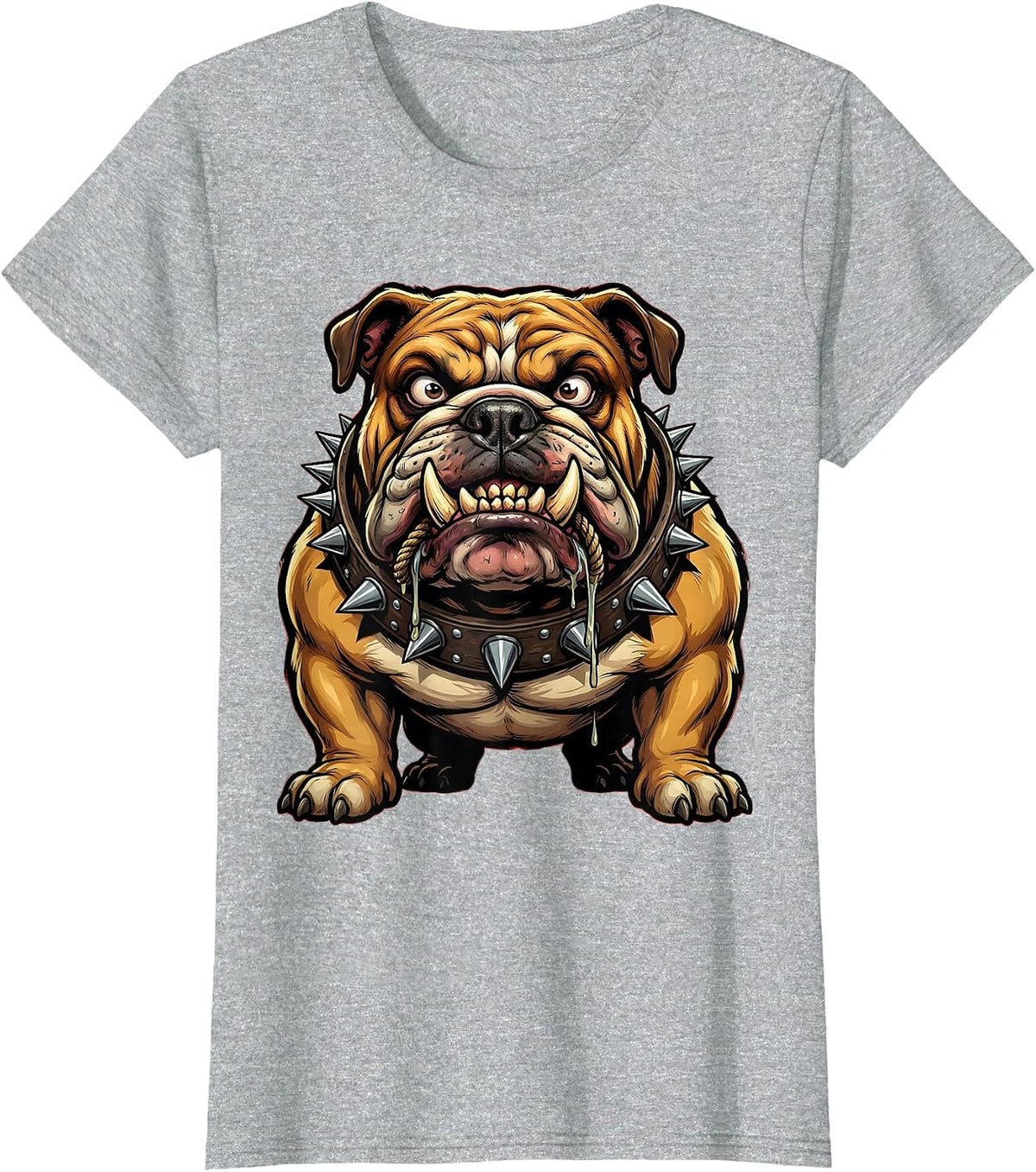 Drooling Bulldog Spiked Collar Graphic Tee T-Shirt - Heather Grey