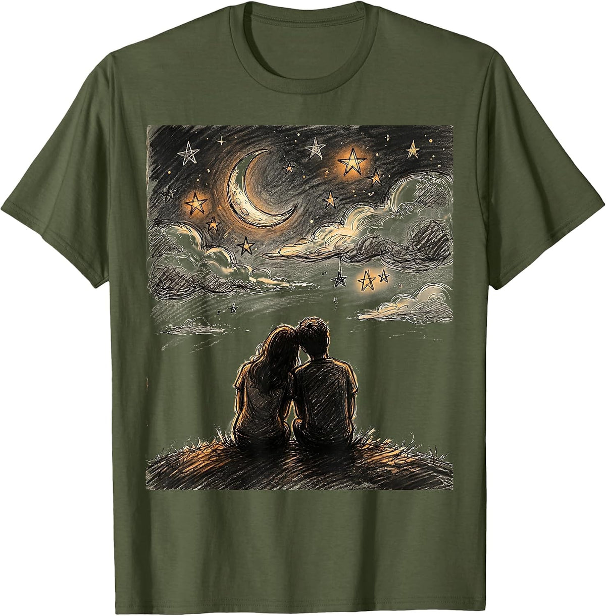 Suicide Prevention Two Silhouettes Night Sky Design T-Shirt - Olive Green
