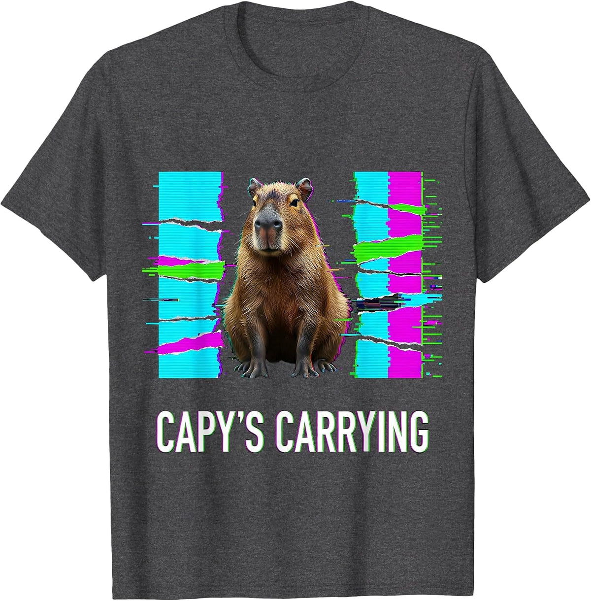 Men's capy's carrying Glitch Datamosh Funny Capybara Meme Animal T-Shirt - Dark Heather Grey