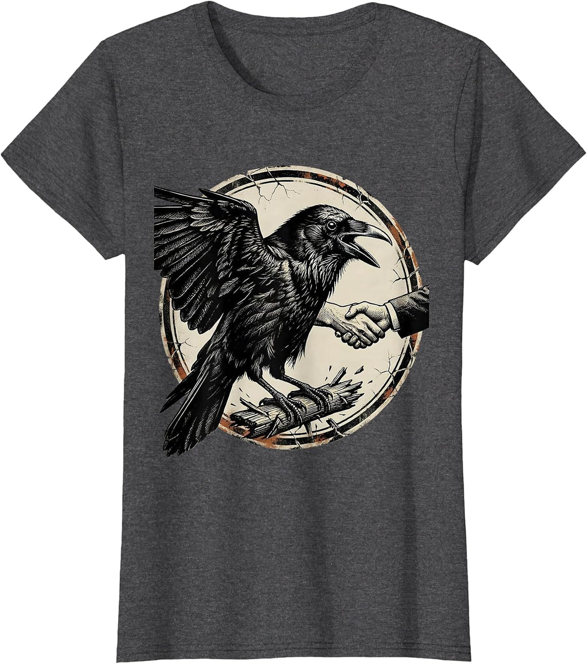 Women's Sealed Crow Badge Distressed Gothic Bird Lover T-Shirt - Dark Heather Grey