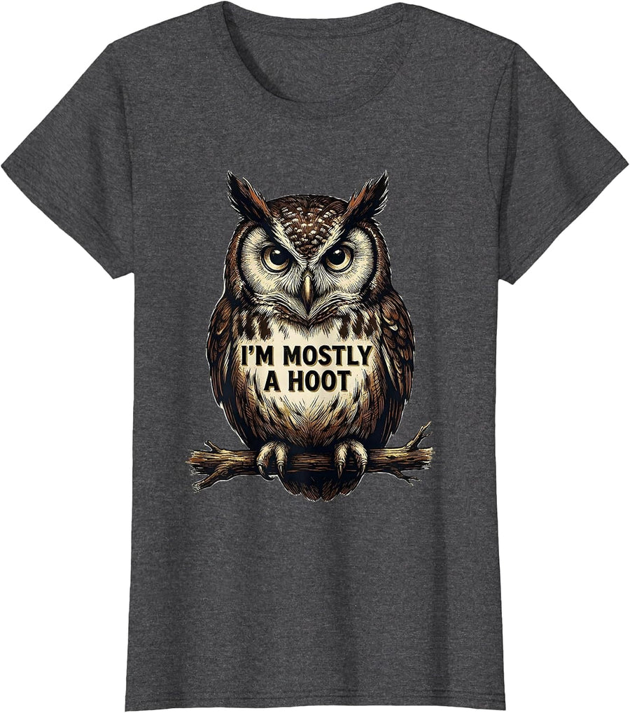 Women's I'm Mostly A Hoot Vintage Owl Bird Lover Humor Retro T-Shirt - Dark Heather Grey
